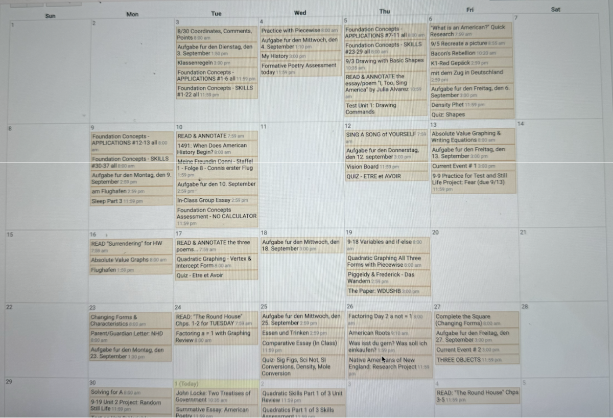 A filled schedule of a staples student showing deadlines varying from 11:59, to when the class starts.  